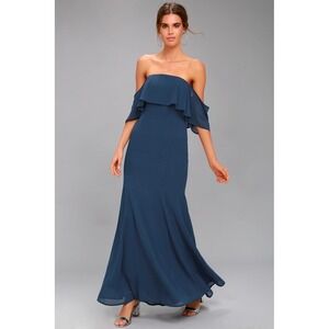 Lulus All My Heart Navy Blue Maxi Dress Off Shoulder Ruffle Gown D16048 S